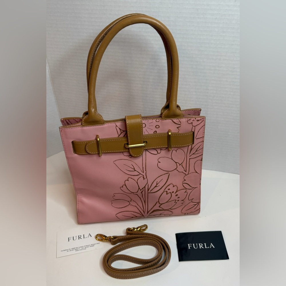 Furla Satchel Greta Floral Pink and Tan LEATHER NWOT, pink fabric interior